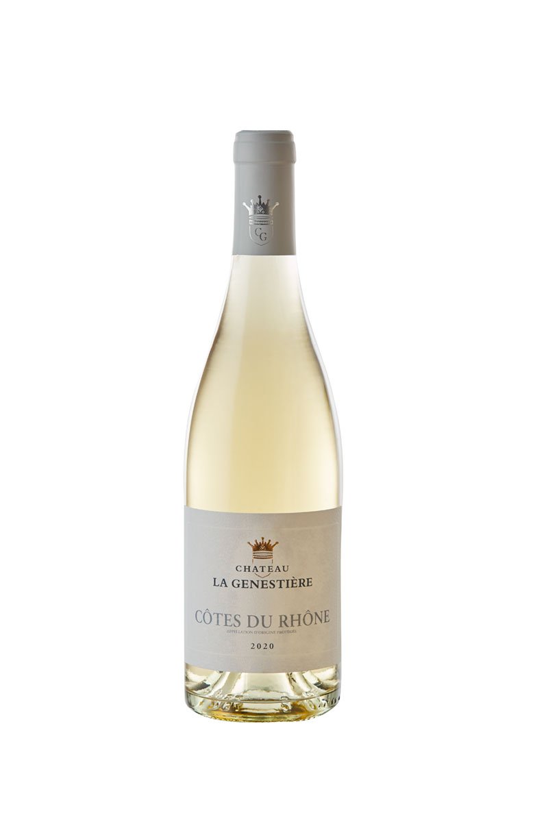 Packshot d'une bouteille de vin blanc de Côtes du Rhône du Château La Genestière à Tavel